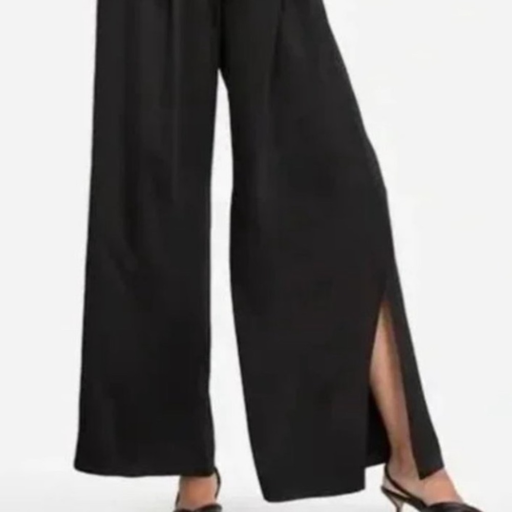 Black Lightweight Wide Leg Dress Pants Front Slits & Side Zipper High Rise